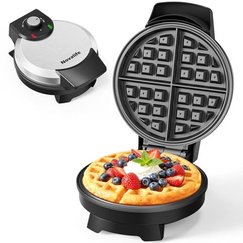 Waffle Maker, 7“ Round Classic Belgian Waffle Iron, Adjustable Browning Control, Easy-Clean Nonstick Plates & Cool Touch Handle, Space Saving Storage, Stainless Steel