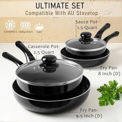 Moss & Stone 6 Pcs Black Nonstick Cookware Set, Pots And Pans Set Non stick With Glass Lid, Induction Cookware, Stay-Cool Handle PTFE/PFOA Kitchen Pots 6-Piece with Frying Pans & Saucepan