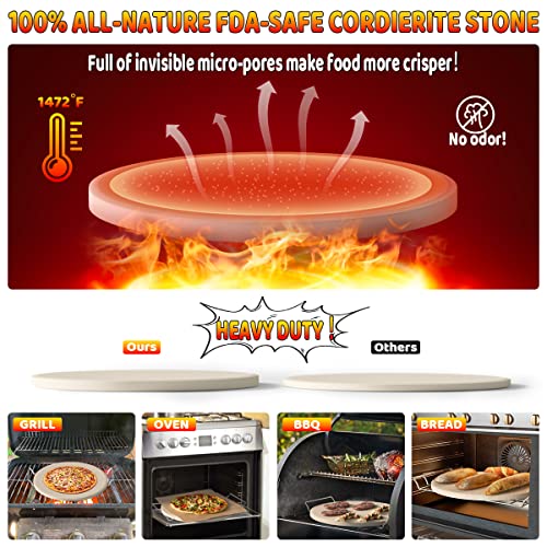5 PCS Large Pizza Stone Set,Heavy Duty 16" Pizza Stone for Oven and Grill with Handle Rack,Pizza Peel(OAK), Pizza Cutter Rocker & Cooking Paper,Large Baking Stone for Pizza, Bread