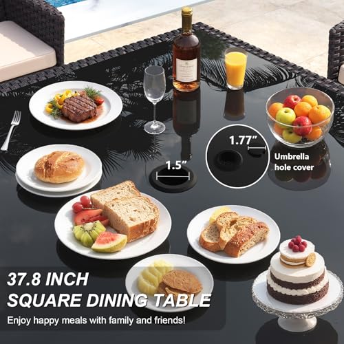 Gotland 10 Piece Outdoor Dining Set, All-Weather Rattan Patio Furniture Set with Umbrella Hole Tempered Glass Square Table, Outdoor Table and Chairs with Removable Cushions for Backyard, Deck Khaki