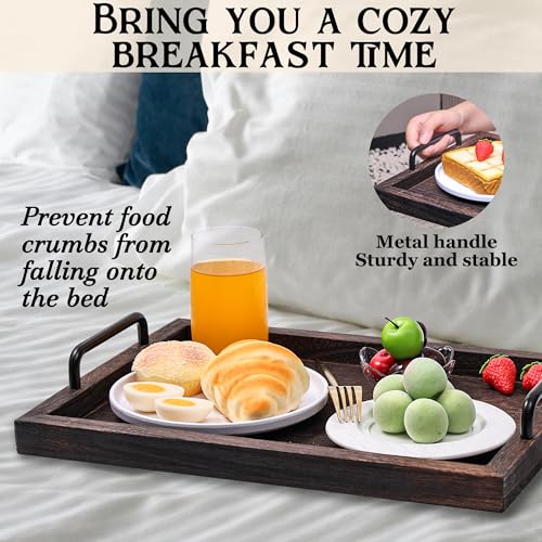 Kazozobi Lightweight Wood Serving Trays with Metal Handles, Set of 2 Nesting Wooden Ottoman Tray for Living Room, Farmhouse Wooden Trays for Decor, Breakfast, Dinner, Drinks, Coffee Table Tray, Brown