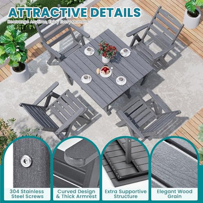PamapicLife Dining Table Set, 5-Piece HDPE Outdoor Dining Set for 4, Grey