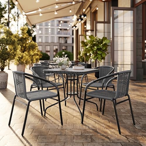 Flash Furniture 5-Piece 28" Square Indoor/Outdoor Patio Table and Chairs Set, Glass Metal Bistro Table and 4 Stacking Rattan Chairs, Gray
