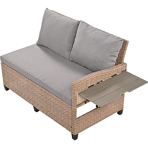 Brabrety Outdoor Patio Furniture Sofa Set, 5-Piece All-Weather Rattan L-Shaped Sectional Sofa Set with 2 Extendable Side Tables, Dining Table for Backyard, Poolside,Garden (Brown/L-Shaped)