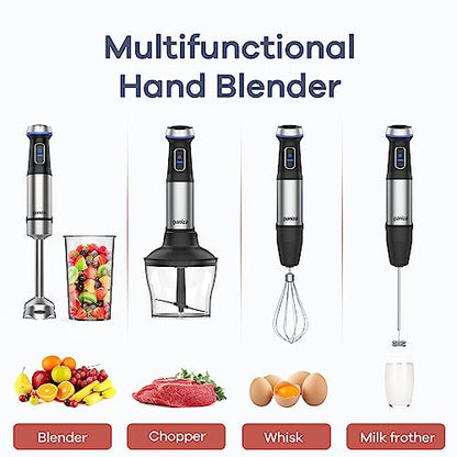 Ganiza Immersion Blender 5 in 1 Hand Blender Max 1000W Heavy Duty Motor, 16 Speed Mode Handheld Blender Stainless Steel Blade With 800ml Mixing Beaker, 600ml Chopper, Whisk and Milk Frother
