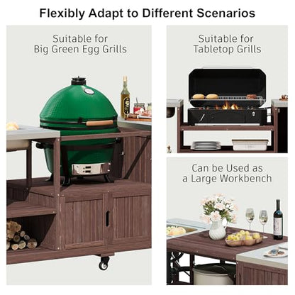 TEVUTEVU 75.4" Outdoor Kitchen Island with Sink, Solid Wood Grill Cart, Rolling BBQ Prep Station with Stainless Steel Top, Towel Rack & Spice Rack, BBQ Cart (Grills NOT Included) (Brown, 75.4 inch)