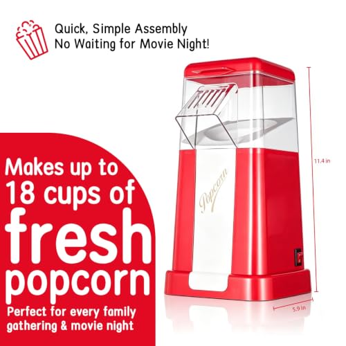 Hot-Air Popcorn Maker, 18-Cup Capacity for Oil-Free Fresh Popcorn Popper