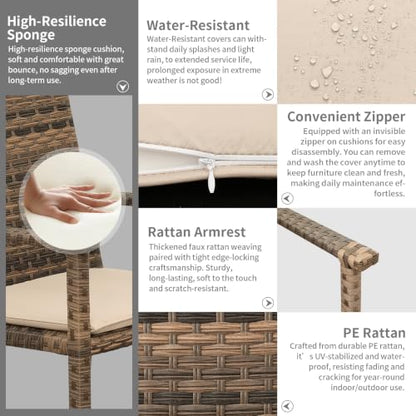 Rattaner Brown Wicker Patio Dining Set for 6 Outdoor Dining Glass Table and Chairs 7 Pieces with Waterproof Cover and Cushions, Khaki