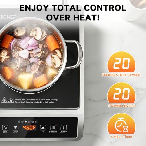 AMZCHEF 1800W Induction Cooktop Commercial: Large 8" Heating Coil Induction Burner with 20 Power & Temperature Levels, Induction Hot Plate with 4 Smart Functions, Induction Stove for Home & Commercial