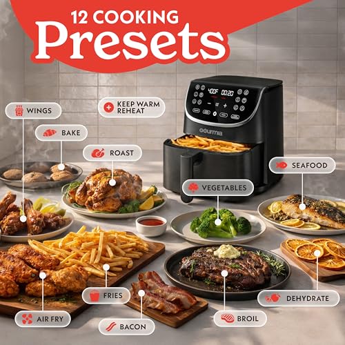 Gourmia Air Fryer - 7 Qt Large Capacity with LED Display, 12 One-Touch Presets, FryForce 360° Technology, Nonstick Dishwasher-Safe Basket & Crisper Tray, Black
