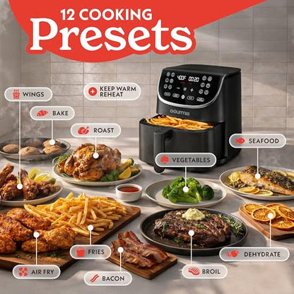 Gourmia Air Fryer - 7 Qt Large Capacity with LED Display, 12 One-Touch Presets, FryForce 360° Technology, Nonstick Dishwasher-Safe Basket & Crisper Tray, Black