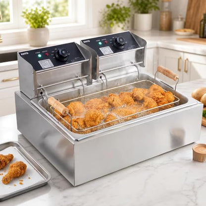 Commercial Deep Fryer with Basket, 12.7QT/12L Large Capacity Electric Oil Fryer, 3400W Stainless Steel Countertop Fryer with Temperature Control & Lids for Restaurant Home Kitchen
