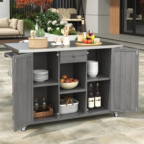 P PURLOVE Outdoor Kitchen Island with Stainless Steel Top and Ample Storage Space, Fir Wood Kitchen Cabinet with Towel, Spice Racks and a Bottle Opener for Outdoor, Grey