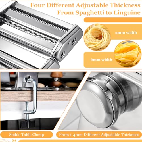 Hushee 8 Pcs Pasta Maker Machine Set Including Stainless Steel Noodle Maker Machine Wood Pasta Drying Rack Ravioli Stamp Maker Cutter with Pasta Cutter Wheel Mini Rolling Pin Cleaning Brush