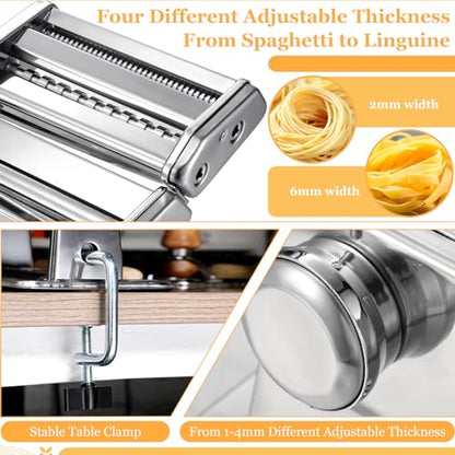 Hushee 8 Pcs Pasta Maker Machine Set Including Stainless Steel Noodle Maker Machine Wood Pasta Drying Rack Ravioli Stamp Maker Cutter with Pasta Cutter Wheel Mini Rolling Pin Cleaning Brush