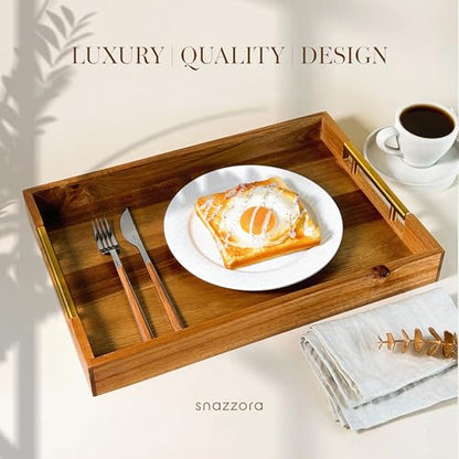 SNAZZORA 3 Pcs Acacia Wood Serving Trays with Golden Steel Handles 18", 16" & 14" with 6 Coasters - for Coffee Table, Ottoman in Living Room, Breakfast in Bed, Jewelry, Decorative, BBQ, Charcuterie