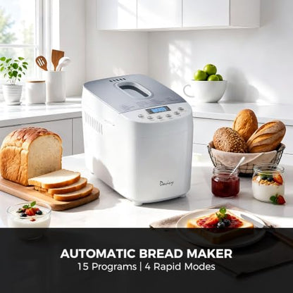 Davivy Bread Maker Machine 3LB with 2 Dough Kneading Paddles,15-in-1 Automatic Large Capacity Bread Machine Nonstick Bowl For Bread, Jam& Yogurt, 3 Loaf Sizes and 3 crust settings（silver，1.5kg）