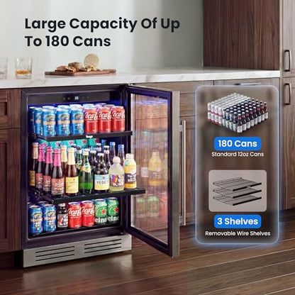 Yeego Beverage Refrigerator & Drink Fridge - 24 inch 180 Cans Beer Cooler Glass Door, 34-54℉ Under Counter Refrigerator Built-in for Drink Soda Wine for Bar Office Bedroom