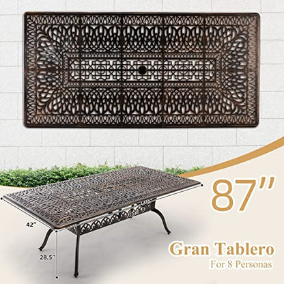 Attliahome 9-Piece Cast Aluminum Outdoor Table and Chairs, Classic Vintage Patio Dining Set for 8 Include 87" Rectangular Patio Dining Table and 8 Chairs with Removable Cushion and Umbrella Hole