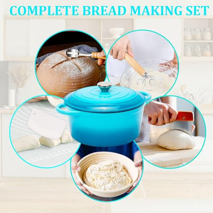5QT Enameled Cast Iron Dutch Oven for Bread Baking with Lid, Sourdough Baking Supplies with Proofing Basket, Bread Making Tools Set, Heavy-Duty Cookware for Braising, Stews, Roasting (Teal)