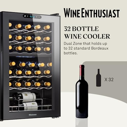 Wine Enthusiast 32-Bottle Dual Zone MAX Compressor Wine Cooler – Freestanding Mini Fridge with Digital Touchscreen, LED Display, Split Storage for Red & White Wines, Matte Black Refrigerator Home Bar