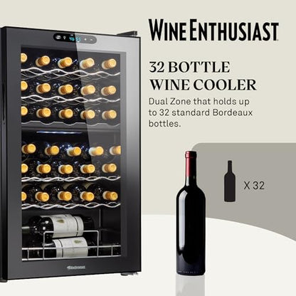 Wine Enthusiast 32-Bottle Dual Zone MAX Compressor Wine Cooler – Freestanding Mini Fridge with Digital Touchscreen, LED Display, Split Storage for Red & White Wines, Matte Black Refrigerator Home Bar