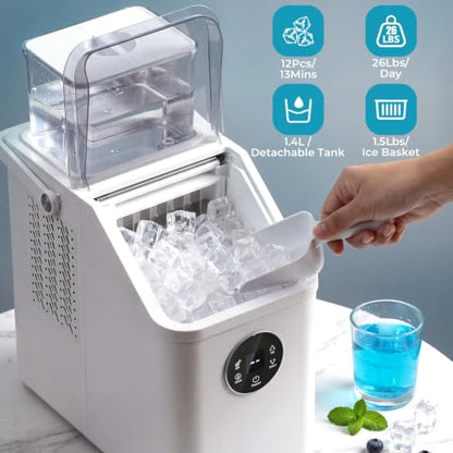 Electactic Countertop Ice Cube Maker, 12Pcs Ready in 13 Mins, 26Lbs/Day