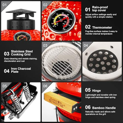 Upgraded 13 inch Ceramic Kamado Grill with Waterproof Air Vent Cap | Portable Tabletop Charcoal BBQ Grill Smoker for Outdoor Cooking, Patio, Camping | Red