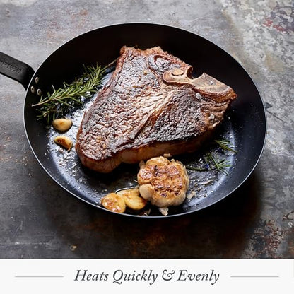 Merten & Storck Pre-Seasoned Carbon Steel 10” Frying Pan Skillet, Use on Induction, Stove and Grill, Durable, Even-Heating, for Searing, Grilling, Oven Use, and Campfire, Indoor/Outdoor