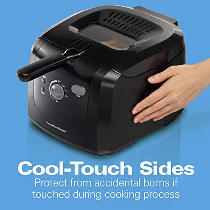 Hamilton Beach Cool Touch Electric Deep Fryer with Basket and Lid, 2 Liters / 8 Cups Oil Capacity, Adjustable Temperature, 1500 Watts for Fast Heat-up, viewing Window Easy to Clean, Black (35021)