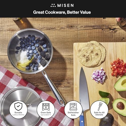Misen 5-Ply Stainless Steel Saucier with Lid– Induction-Compatible Pan with Curved Sides for Smooth Stirring - Oven Safe to 800F – Even Heat Distribution & Ergonomic Handle - 1.5 QT