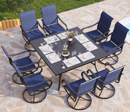 PHI VILLA 9 Piece Outdoor Patio Dining Set, Large Square Metal Dining Table and 8 Outdoor Swivel Dining Chairs, Patio Table and Blue Chair Furniture Dining Set for 8 Person
