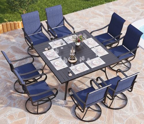 PHI VILLA 9 Piece Outdoor Patio Dining Set, Large Square Metal Dining Table and 8 Outdoor Swivel Dining Chairs, Patio Table and Blue Chair Furniture Dining Set for 8 Person