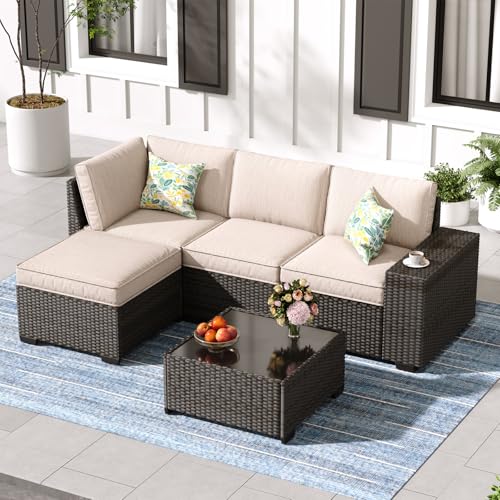 Jing's Villa 5-Piece Patio Furniture Set, All-Weather Outdoor Wicker Sectional Sofa with Cushions, Tempered Glass Table & Ottoman, Rattan Conversation Seating for Porch, Garden, Backyard,Beige