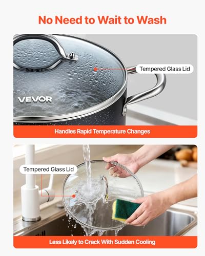 VEVOR Aluminum Stock Pot, 6-Quart Nonstick Ceramic Coated Pot with Glass Lid, PFOA-Free, PFAS-Free, Compatible with Gas Stoves, Induction Cooktops, Electric Stoves, for Soups, Stews, and Pasta