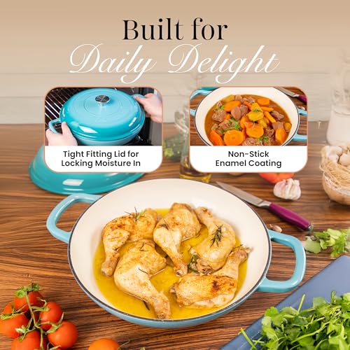 Shallow Cast Iron Casserole with Lid – Non Stick Dutch Oven Pot, Oven Safe up to 500° F – Sturdy Ovenproof Stockpot Cookware – Enamelled Cooking Pot – Blue, 5-Quart, 32cm – by Nuovva