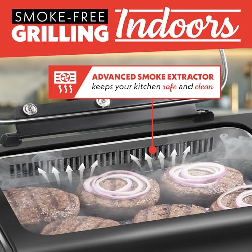 Gourmia Smokeless Indoor Grill - Air Fryer Combo with Smoke Extractor, 5 Cooking Presets, Grill, Air Fry, Roast, Bake, Dehydrate, Countertop Cooker, Glass Lid