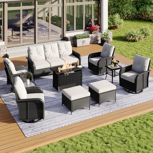 Aoxun 10-Piece Wicker Rattan Patio Furniture Set with 44" Fire Pit Table