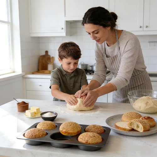 Elesinsoz 6 Cup Straight Side Jumbo English Muffin Cupcake Pan with Lid, Nonstick Hamburger Burger Bun Mold Muffin Pan for Baking Egg Sandwich Frittata Cinnamon Roll Focaccia Quiche Pancake