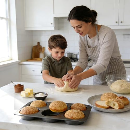 Elesinsoz 6 Cup Straight Side Jumbo English Muffin Cupcake Pan with Lid, Nonstick Hamburger Burger Bun Mold Muffin Pan for Baking Egg Sandwich Frittata Cinnamon Roll Focaccia Quiche Pancake