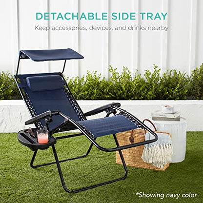 Best Choice Products Folding Zero Gravity Outdoor Recliner Patio Lounge Chair w/Adjustable Canopy Shade, Headrest, Side Accessory Tray, Textilene Mesh - Beige