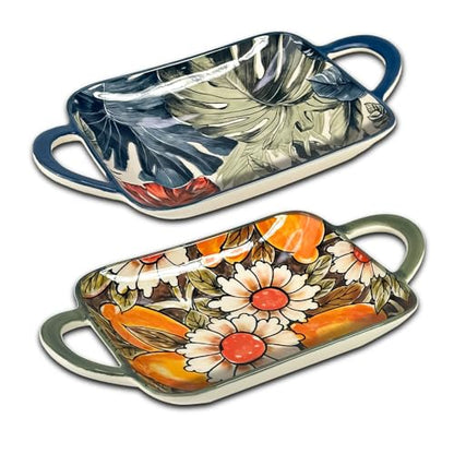 Ceramic Small Baking Dishes Set of 2 Rectangular Casserole Dish with Handles 12 oz Mini Bakeware for Oven to Table Appetizers Dips Snacks Dessert Gratin Dishes Serving Plates Two Different Patterns