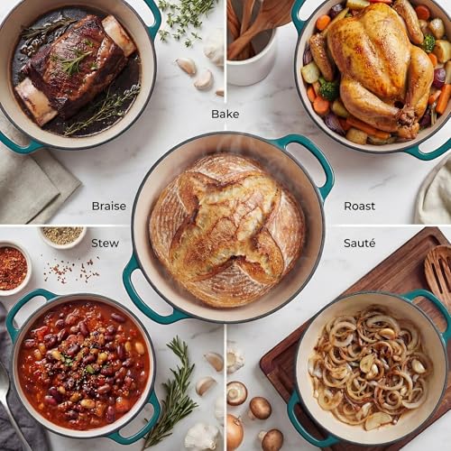 Zulay Kitchen 7.7 Quart Enameled Cast Iron Dutch Oven Pot with Lid – Premium Durability & Oven Safe up to 500°F – Heavy Duty Cookware Perfect for Bread Baking, Stews, Braising & Roasting – Emerald