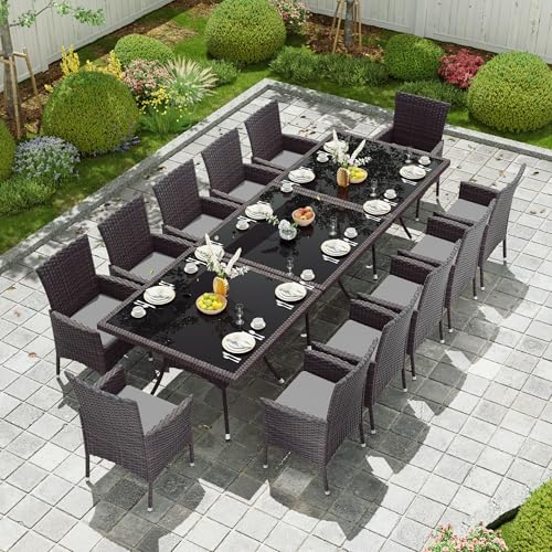 Kullavik 15 Pieces Outdoor Dining Set Patio Rattan Furniture Set,Patio Dining Table and Chairs Set with 12 Chairs and Cushions,Square Glass Tabletop with Umbrella Hole for Patio,Backyard,Grey