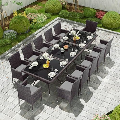 Kullavik 15 Pieces Outdoor Dining Set Patio Rattan Furniture Set,Patio Dining Table and Chairs Set with 12 Chairs and Cushions,Square Glass Tabletop with Umbrella Hole for Patio,Backyard,Grey