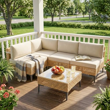 WELYAS Outdoor Sectional 5 Piece Modular Patio Furniture Set Free Combination Outdoor Couch with Thick Cushion All Weather Wicker Patio Conversation Sets for Backyard, Deck, Poolside