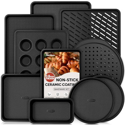 Fire More 10-Piece Nonstick Baking Pan Set, 0.8MM Thick Stackable Bakeware Sets Including Cookie Sheets for Baking, Cooling Rack, Muffin Pan, Cake Pan, Pizza Pan, Loaf Pan