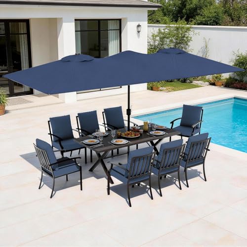 ASJMR 10 Piece Outdoor Dining Table and Chairs for 8, Rectangular Patio Dining Table with 14 Ft Patio Umbrella with 8 Fixed Dining Chairs with Cushions, Lawn Garden Outdoor Table and Chairs-Navy
