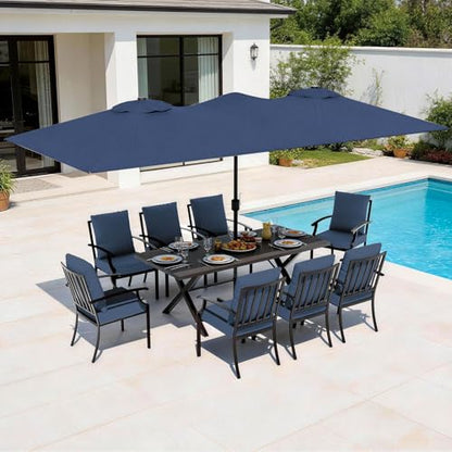 ASJMR 10 Piece Outdoor Dining Table and Chairs for 8, Rectangular Patio Dining Table with 14 Ft Patio Umbrella with 8 Fixed Dining Chairs with Cushions, Lawn Garden Outdoor Table and Chairs-Navy
