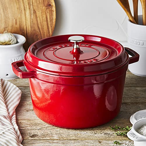 Staub Cast Iron Dutch Oven 5-qt Tall Cocotte, Made in France, Serves 5-6, Cherry